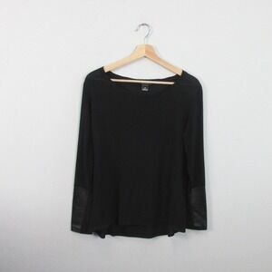 Club Monaco Silk Tunic Top Women S Black Boatneck Leather Sleeve Classy  94